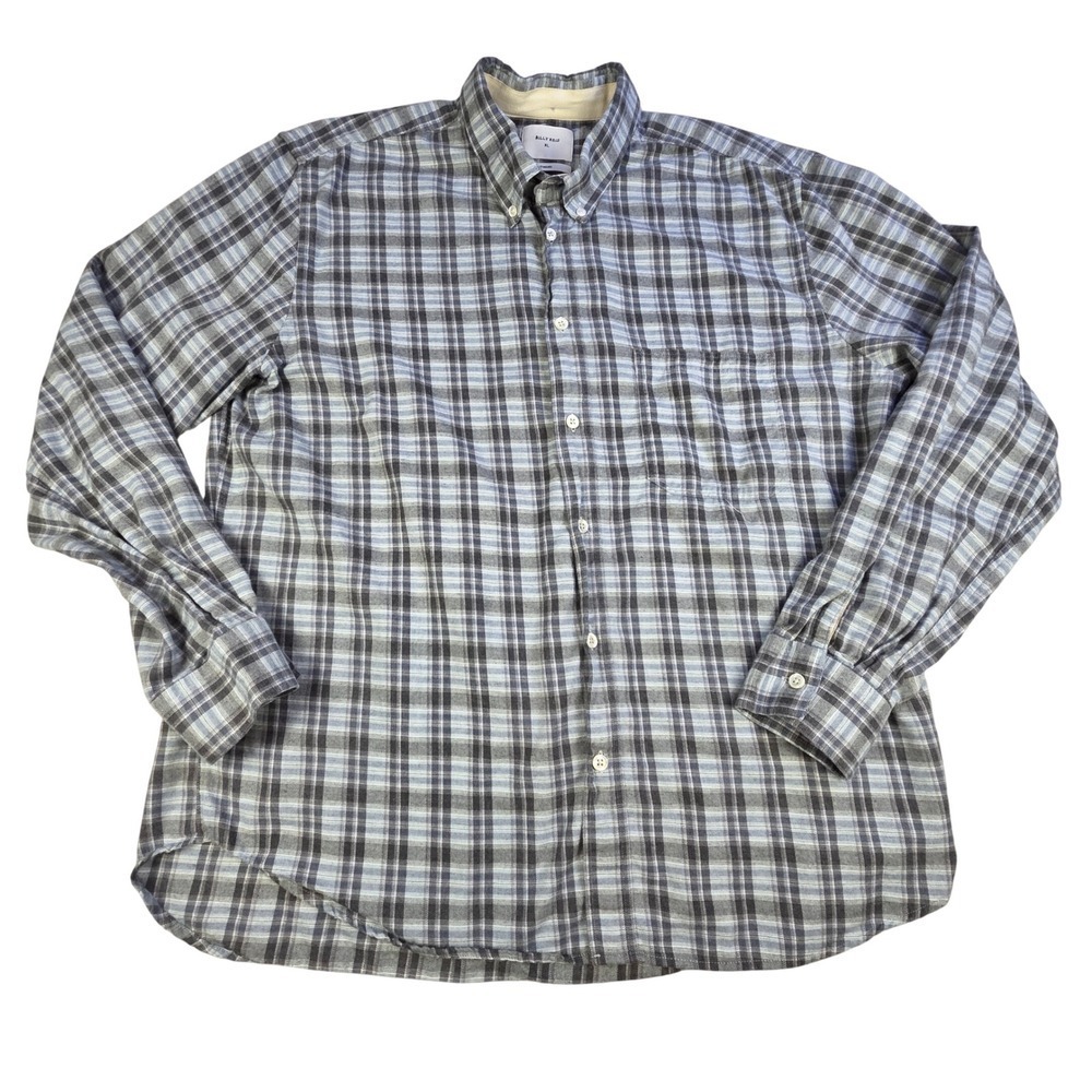 Billy Reid Mens XL Blue Grey Plaid Flannel Button Down Shirt Standard Fit Cotton